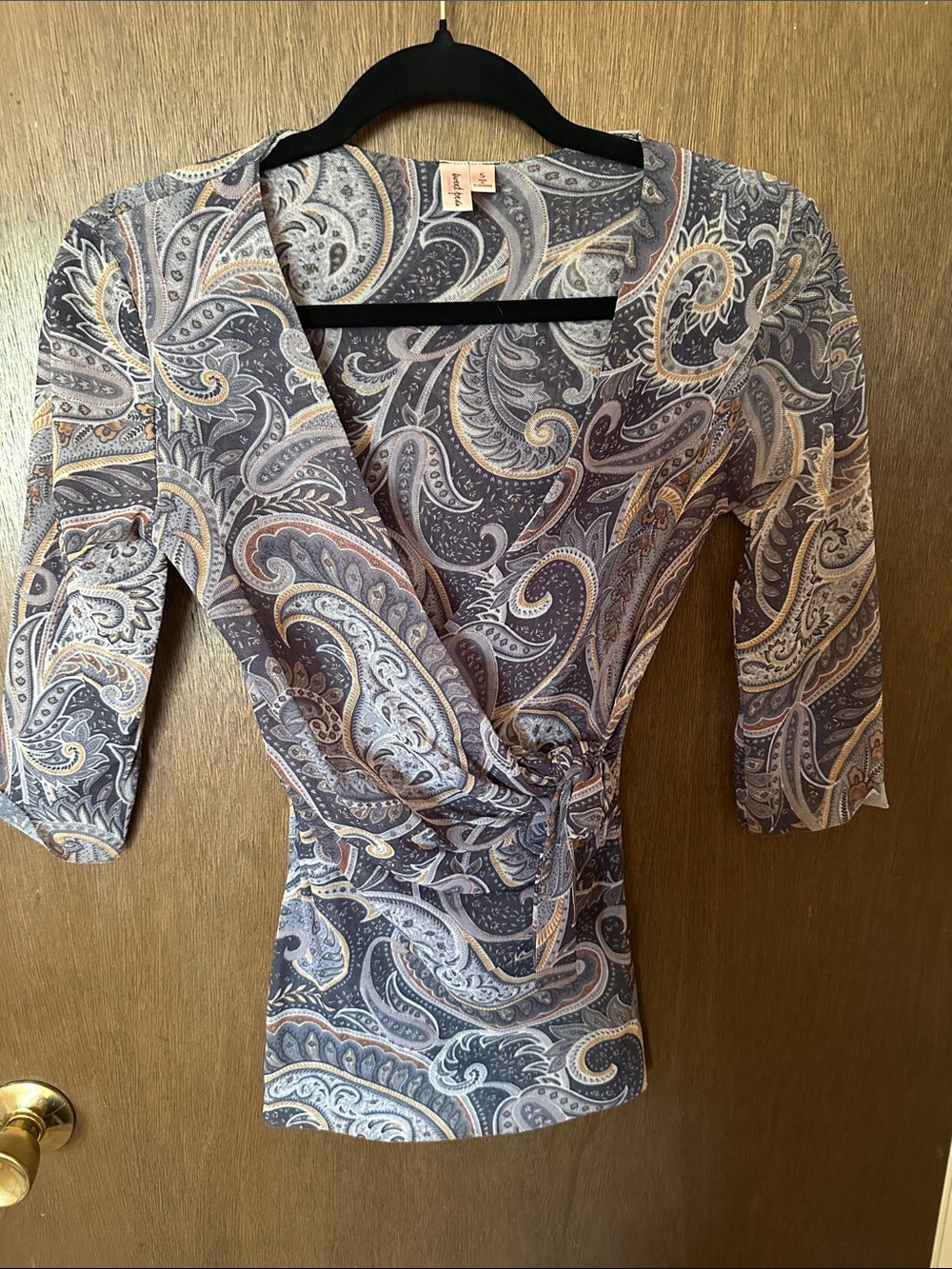 Sweet Pea Paisley Wrap-Front Women's Top in Gray and Cream